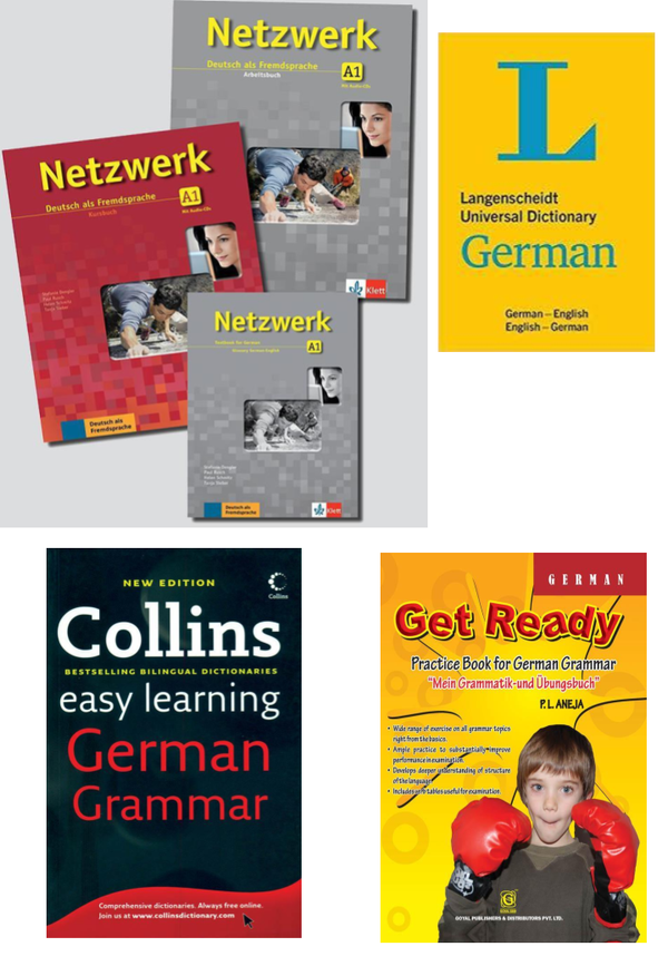 Netzwerk A1 Textbook+Workbook+Glossar+ German Universal Langenscheidt Dictionary+Collins Easy Learning Grammar+Get Ready German Grammar and Practice Book (Set of 6 books)
